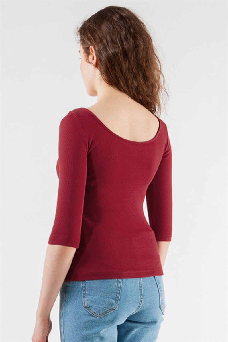 Oval Yaka Tişört - Bordo
