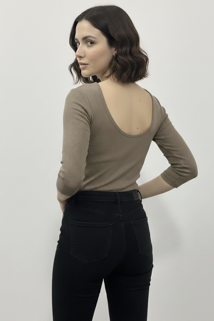 Oval Yaka Tişört - Haki