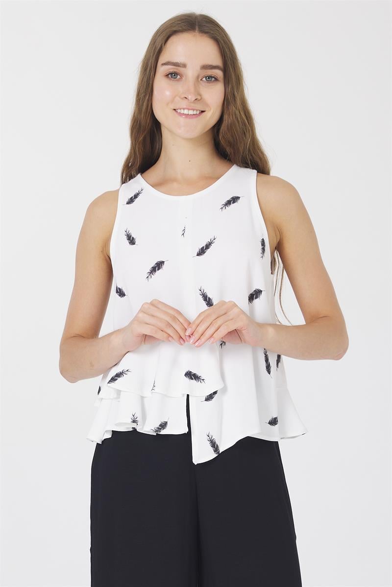 Oval Yaka Tunik - Ekru Desenli