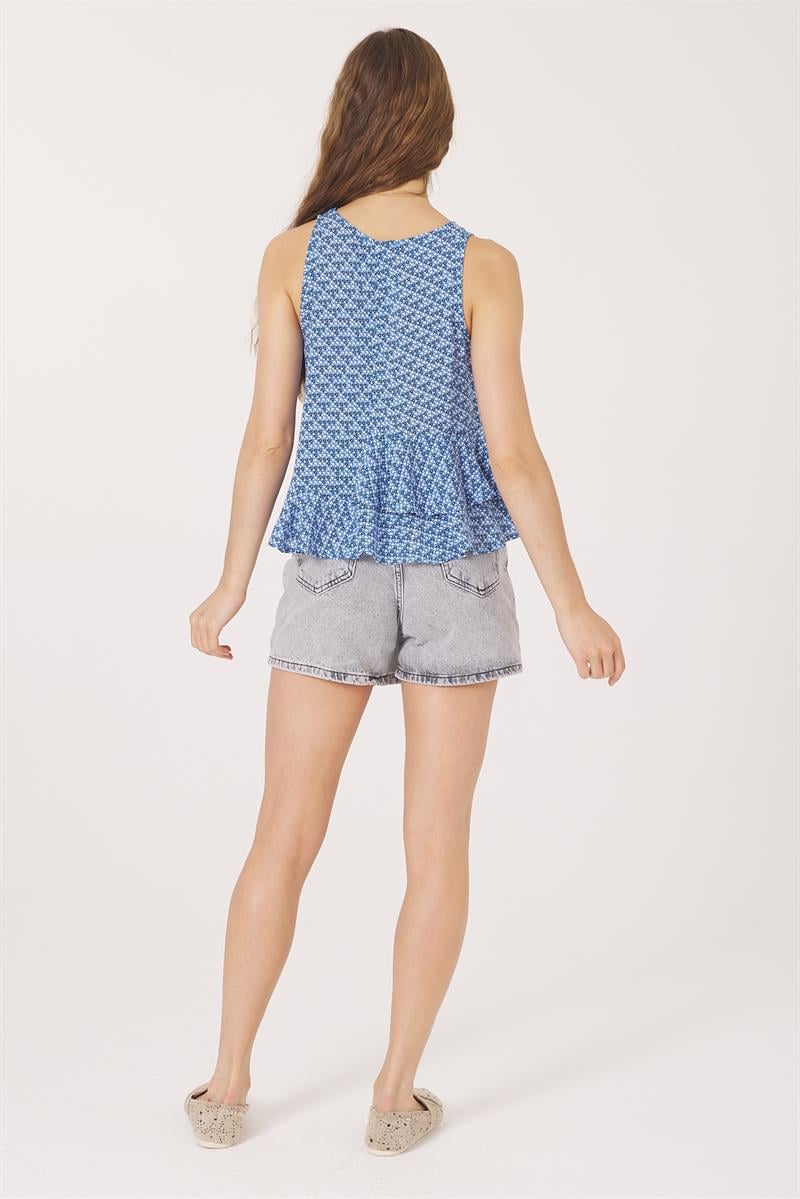 Oval Yaka Tunik - Mavi Desenli