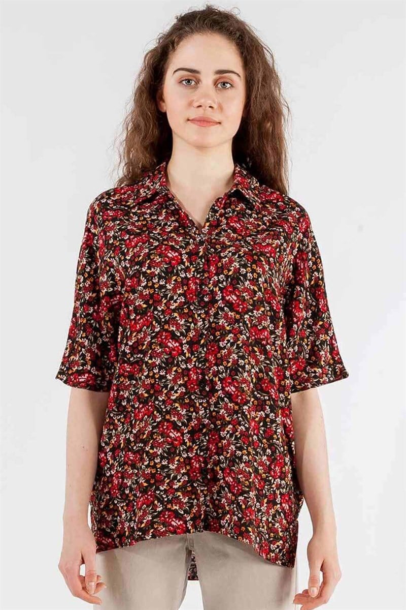 Oversize Gömlek - Siyah Bordo Çiçekli