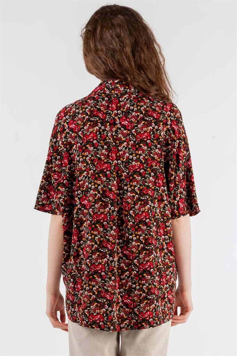 Oversize Gömlek - Siyah Bordo Çiçekli