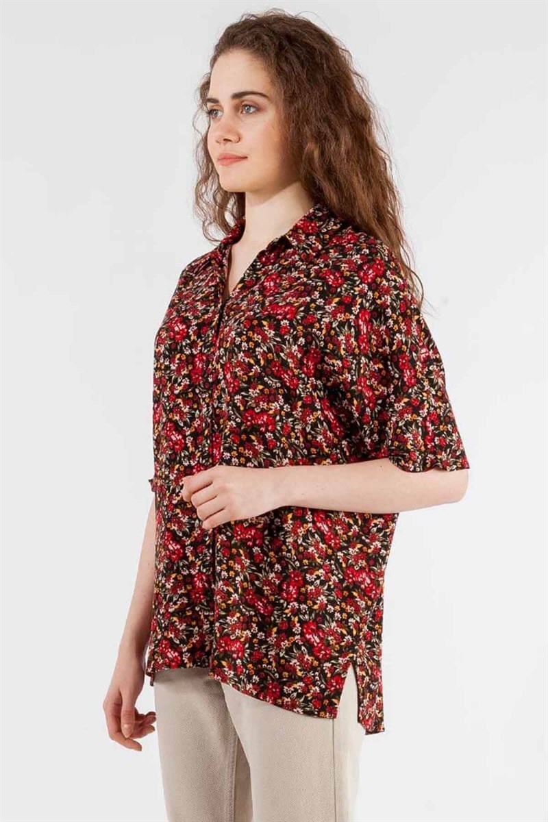 Oversize Gömlek - Siyah Bordo Çiçekli