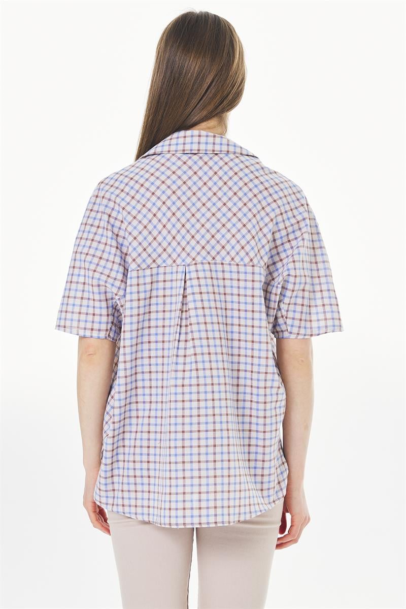 Oversize Gömlek - Kahve Mavi Kareli