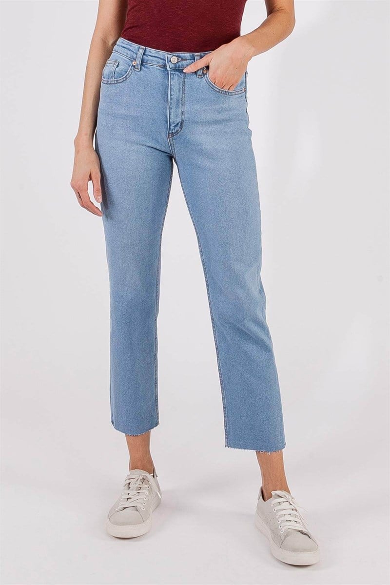 Paça Kesik Jean Pantolon - Mavi