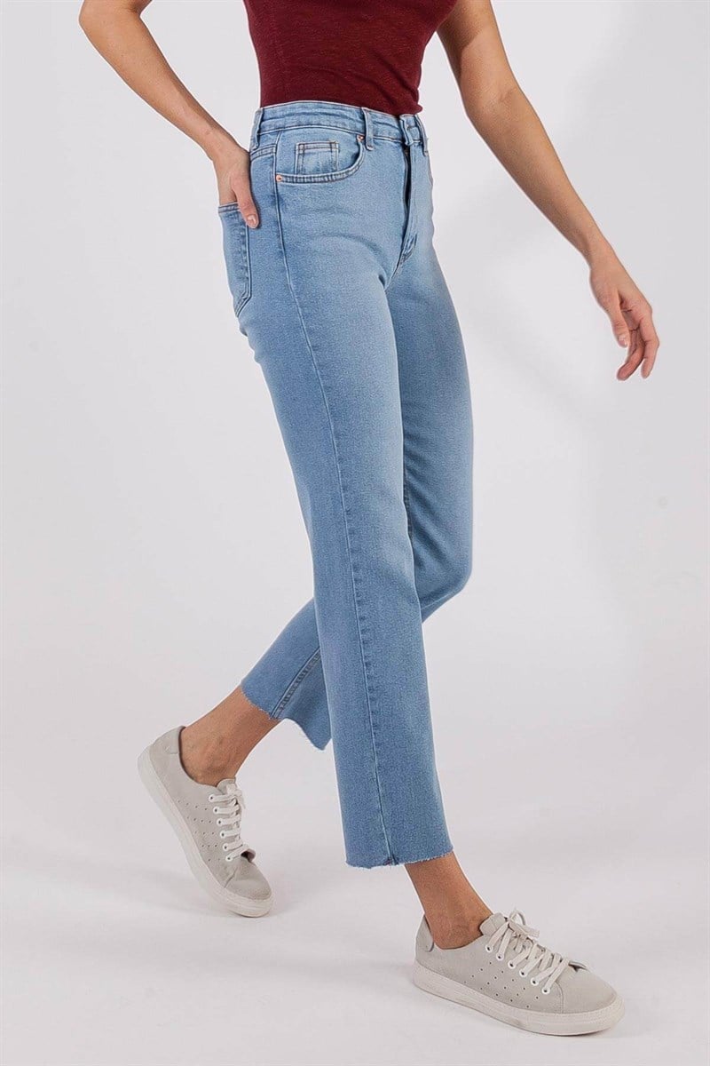 Paça Kesik Jean Pantolon - Mavi