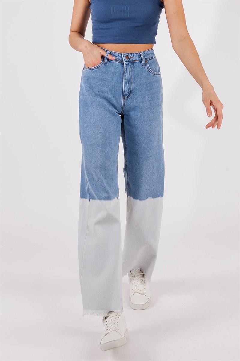 Paça Püsküllü Jean Pantolon - Mavi-Buz