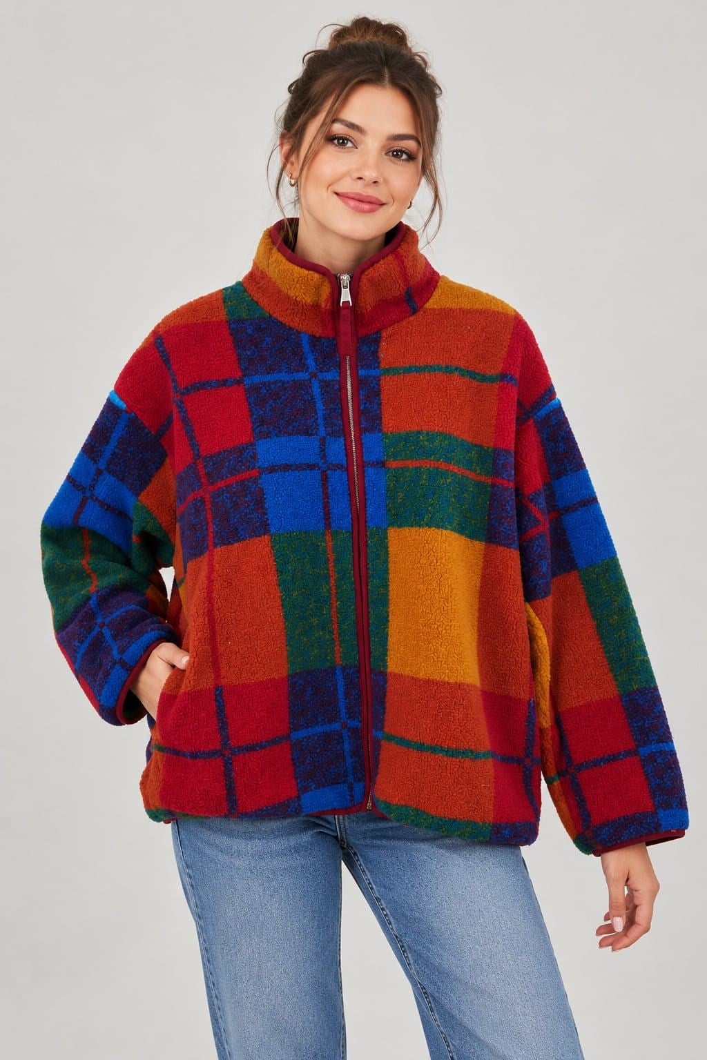 Peluş Teddy Ceket-Bordo Desenli