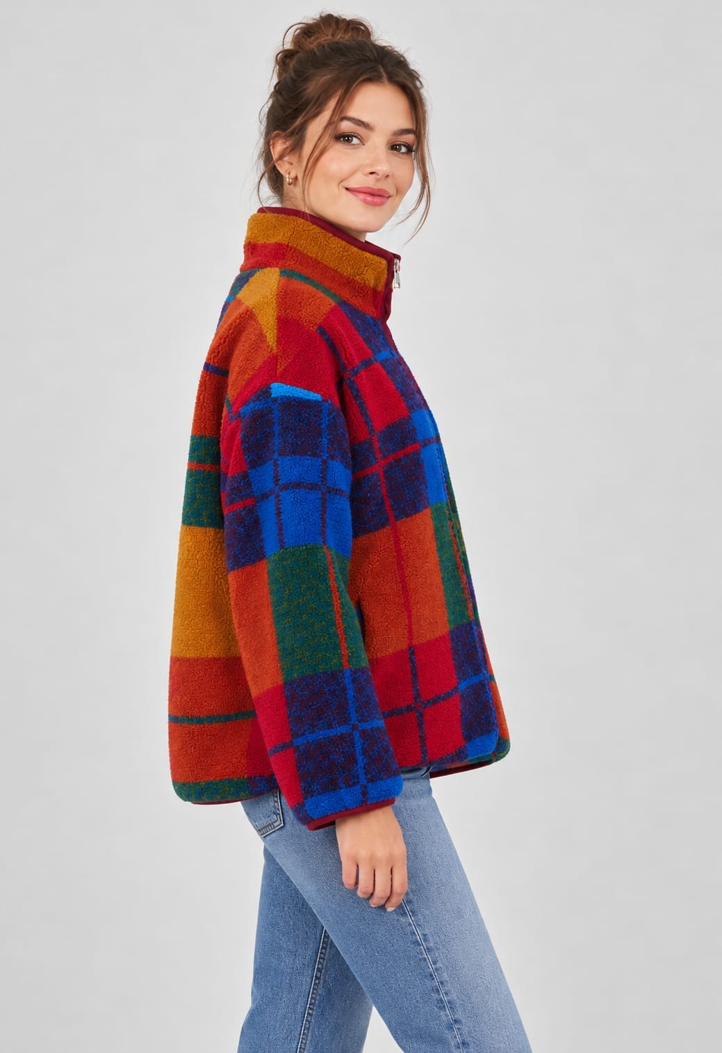 Peluş Teddy Ceket-Bordo Desenli