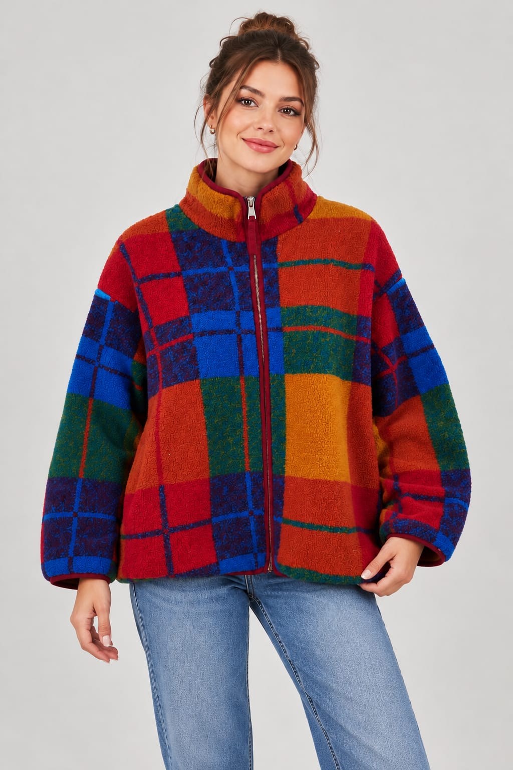 Peluş Teddy Ceket-Bordo Desenli