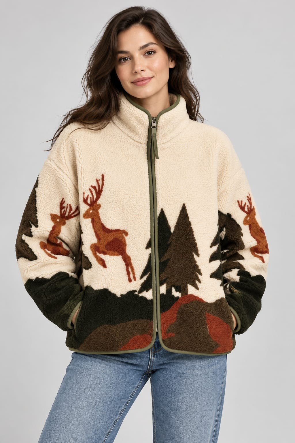 Peluş Teddy Ceket-Krem Kahve Desenli