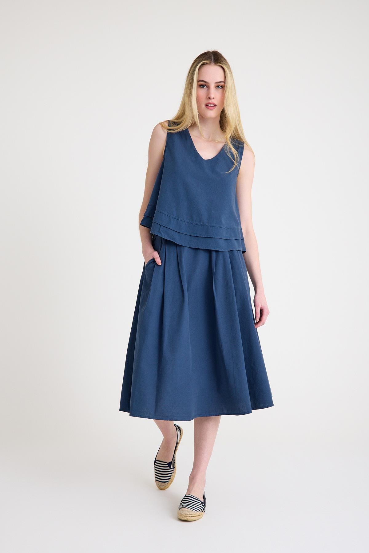 Pileli Etek - Petrol Mavisi