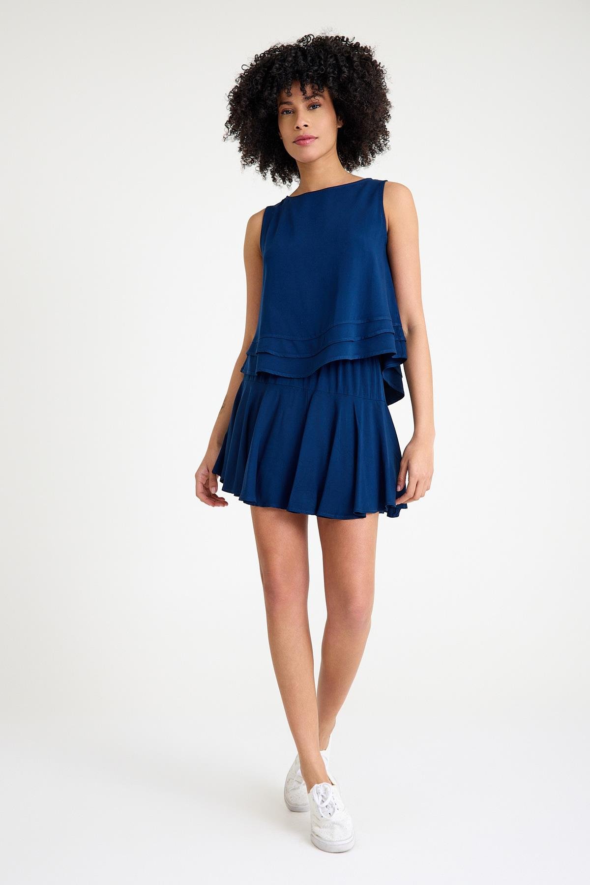 Pileli Şort Etek - Lacivert