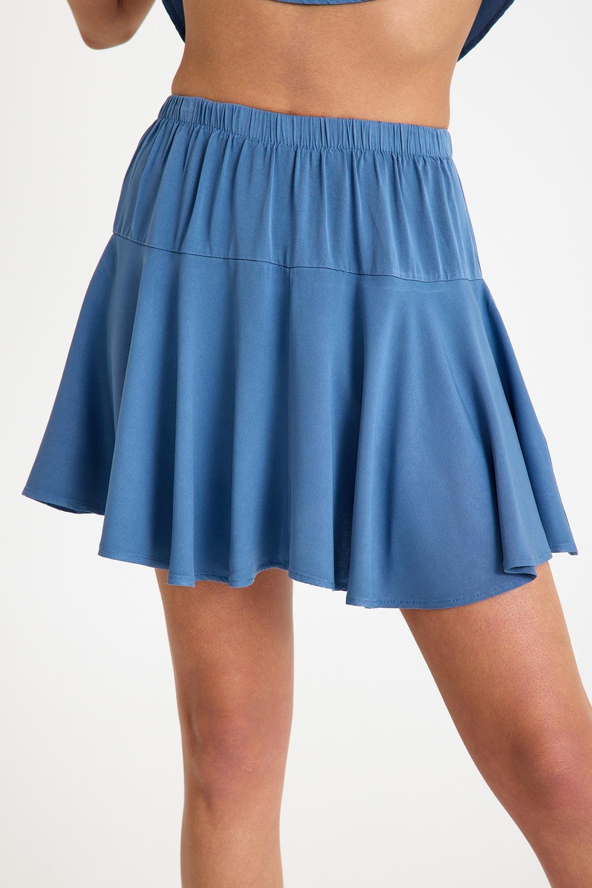 Pileli Şort Etek- Mavi
