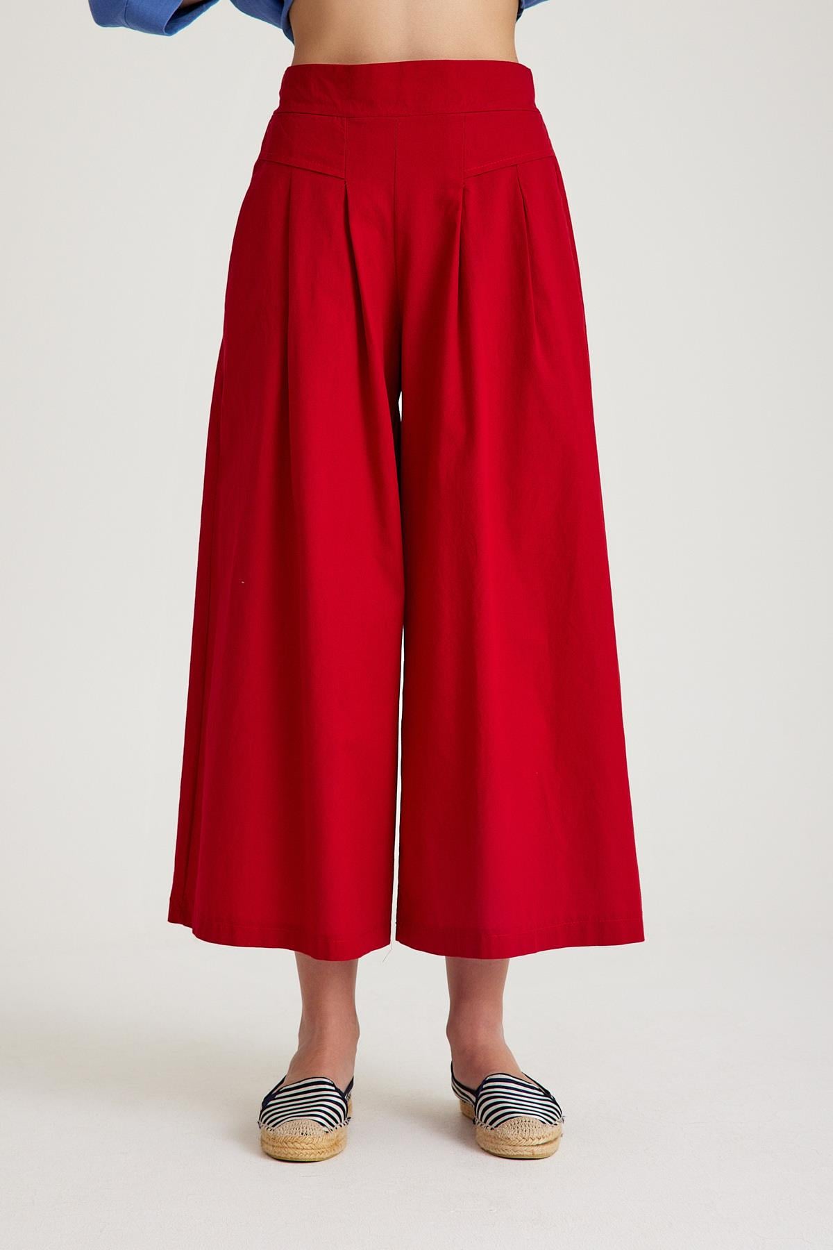 Pili Detaylı Pantolon - Bordo