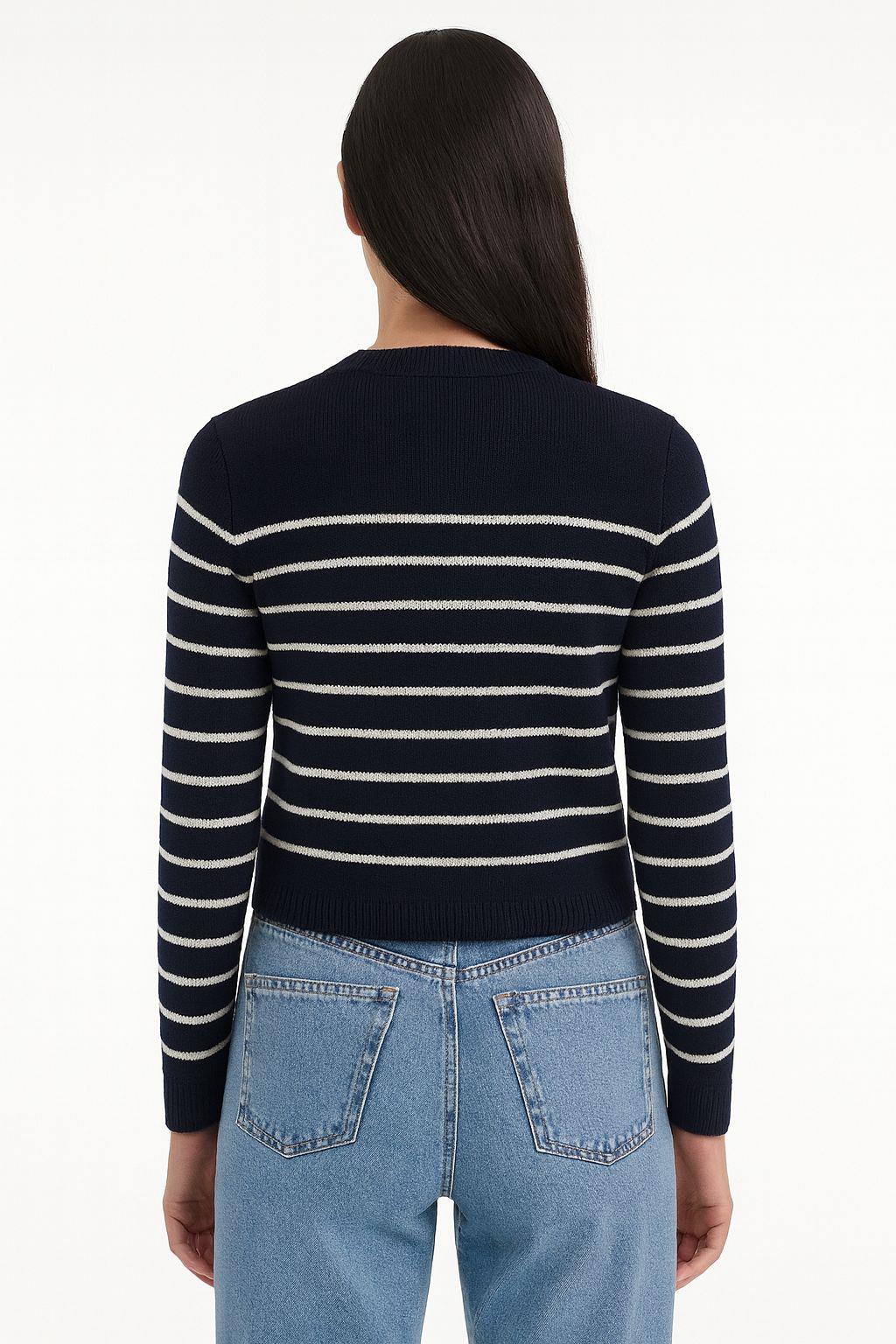 Triko Hırka - Lacivert Krem Çizgili