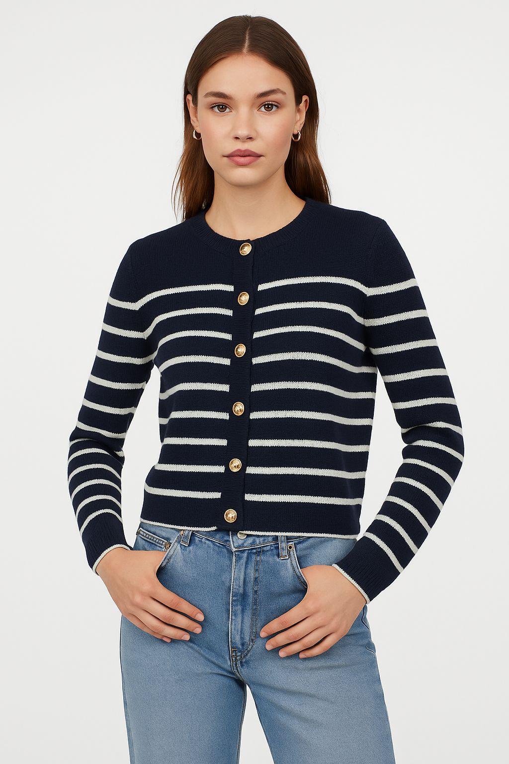 Triko Hırka - Lacivert Krem Çizgili