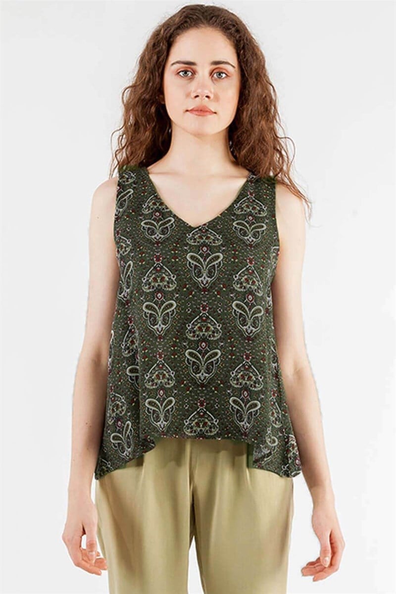 V Yaka Bluz - Haki Desenli