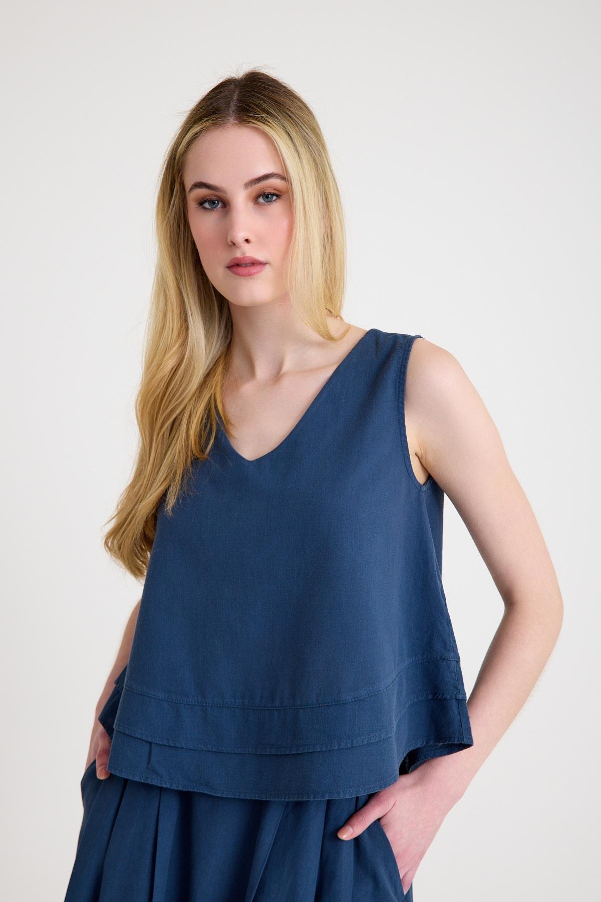 V Yaka Bluz - Petrol Mavisi