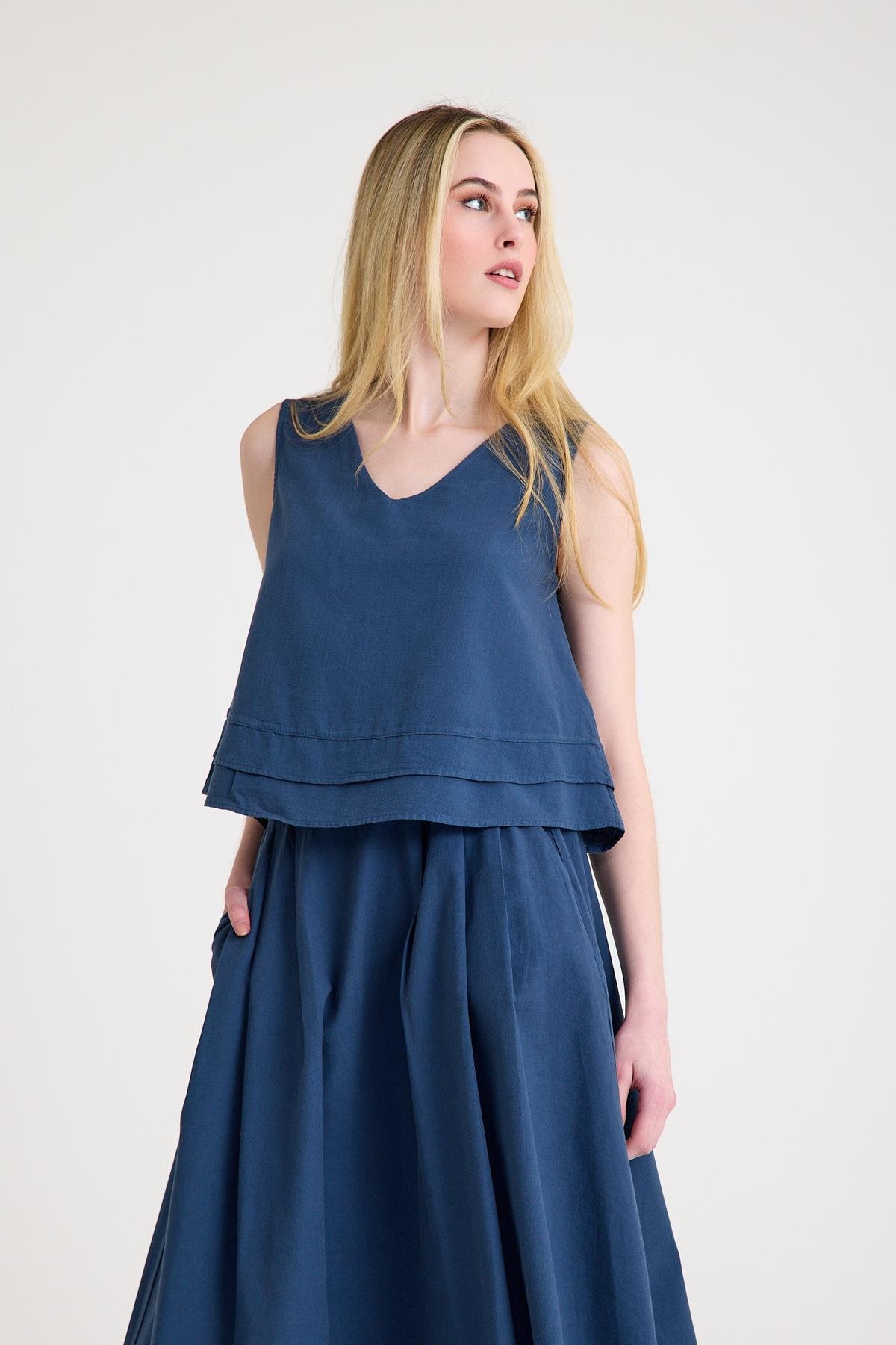 V Yaka Bluz - Petrol Mavisi