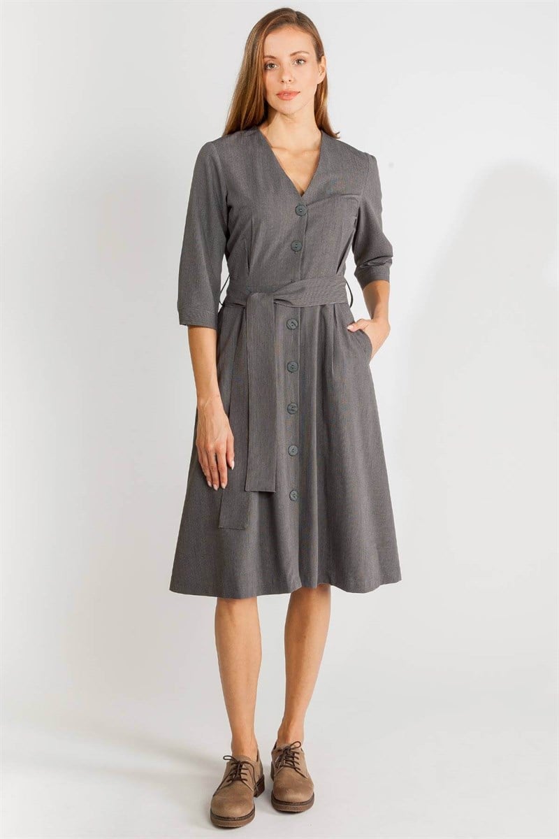 V Yaka Elbise - Antrasit