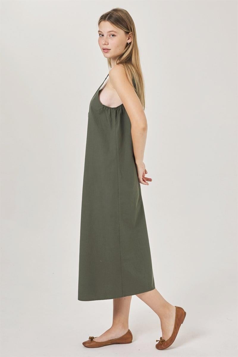 V Yaka Elbise - Haki