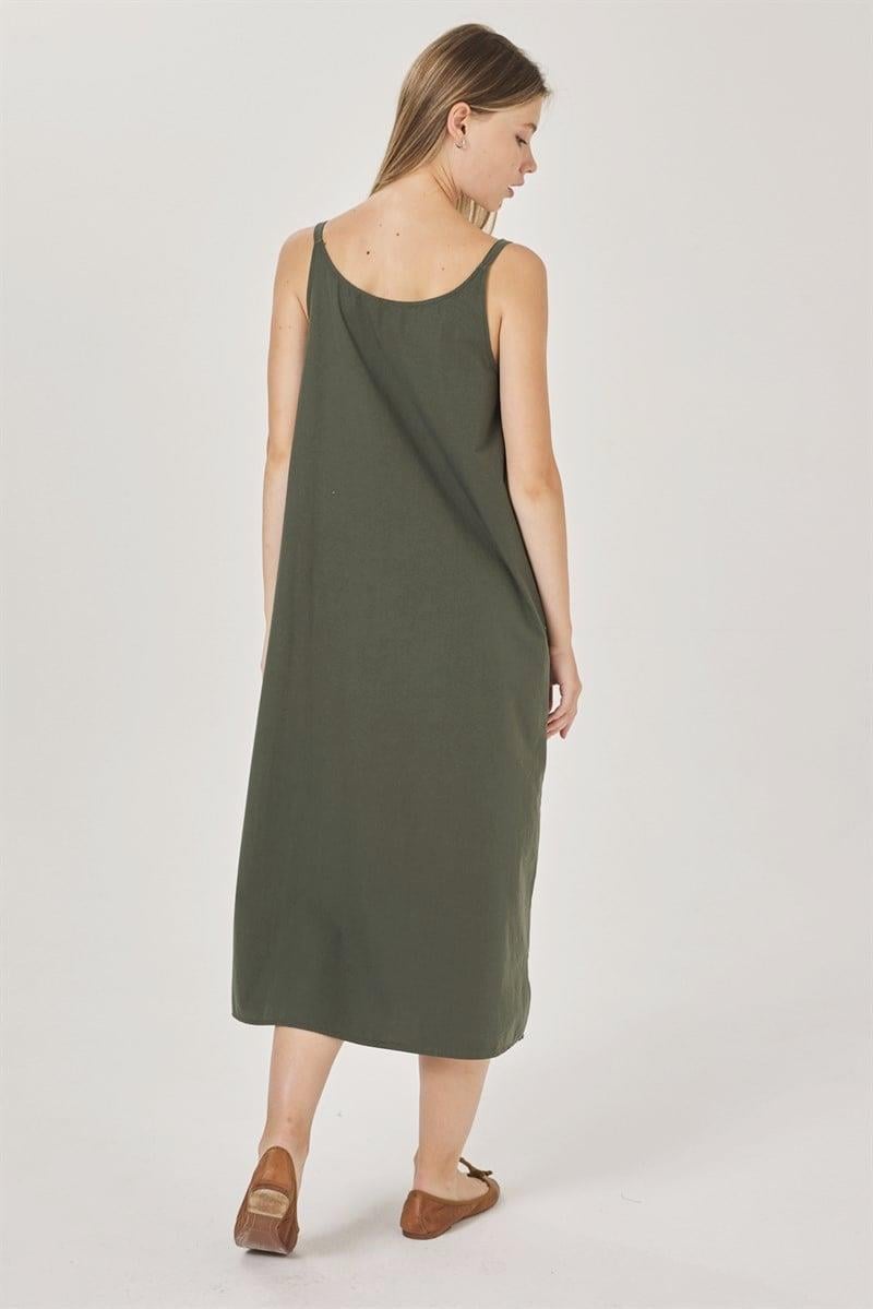 V Yaka Elbise - Haki