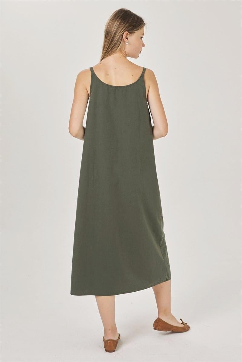 V Yaka Elbise - Haki