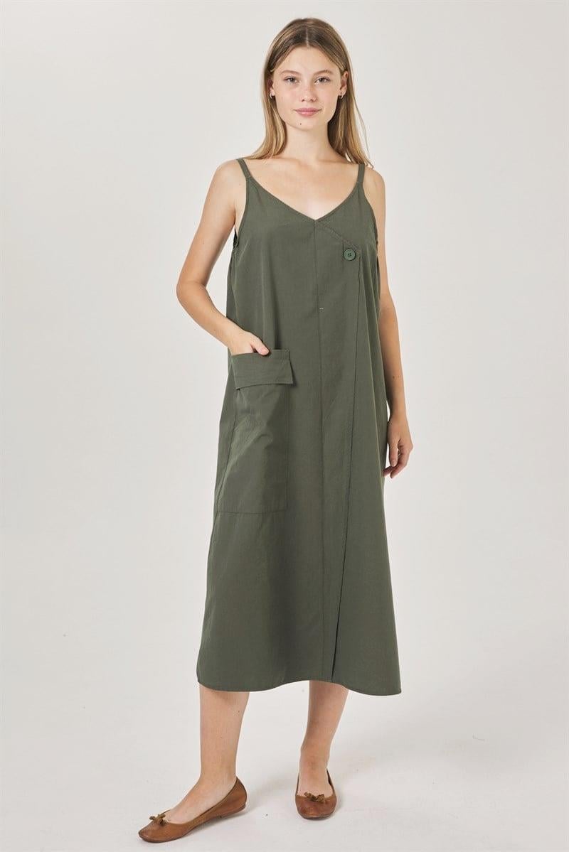 V Yaka Elbise - Haki