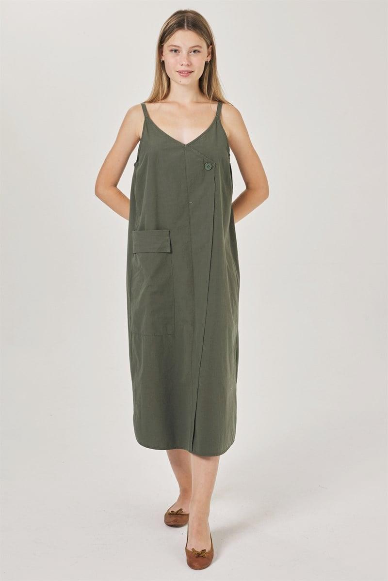 V Yaka Elbise - Haki