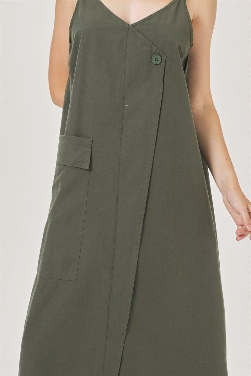 V Yaka Elbise - Haki