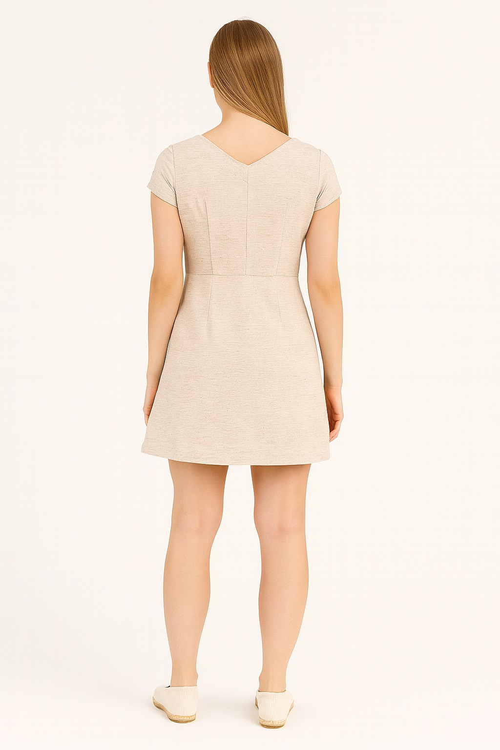 V Yaka Elbise-Naturel