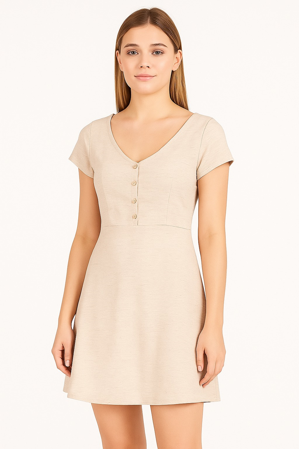 V Yaka Elbise-Naturel