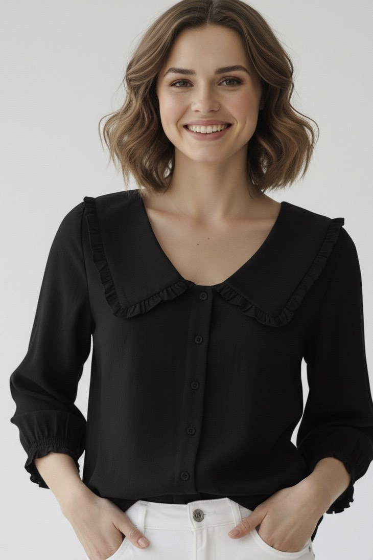 Yaka Detaylı Gömlek - Siyah