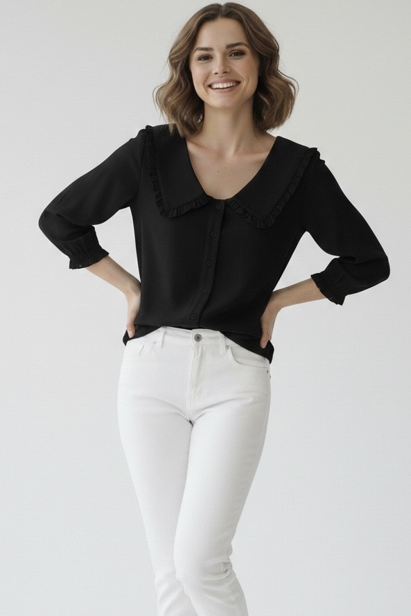 Yaka Detaylı Gömlek - Siyah