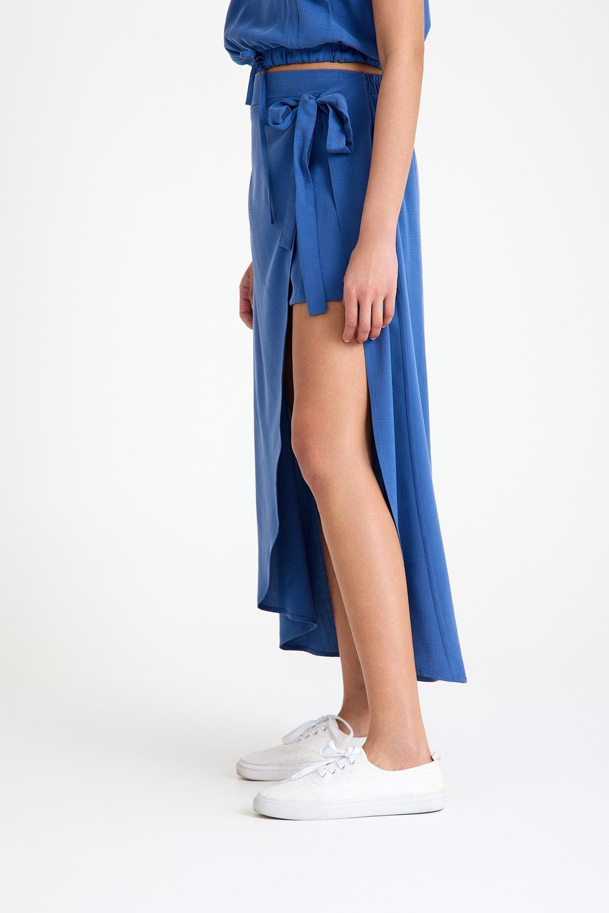 Yandan Bağlamalı Şort Etek - Mavi