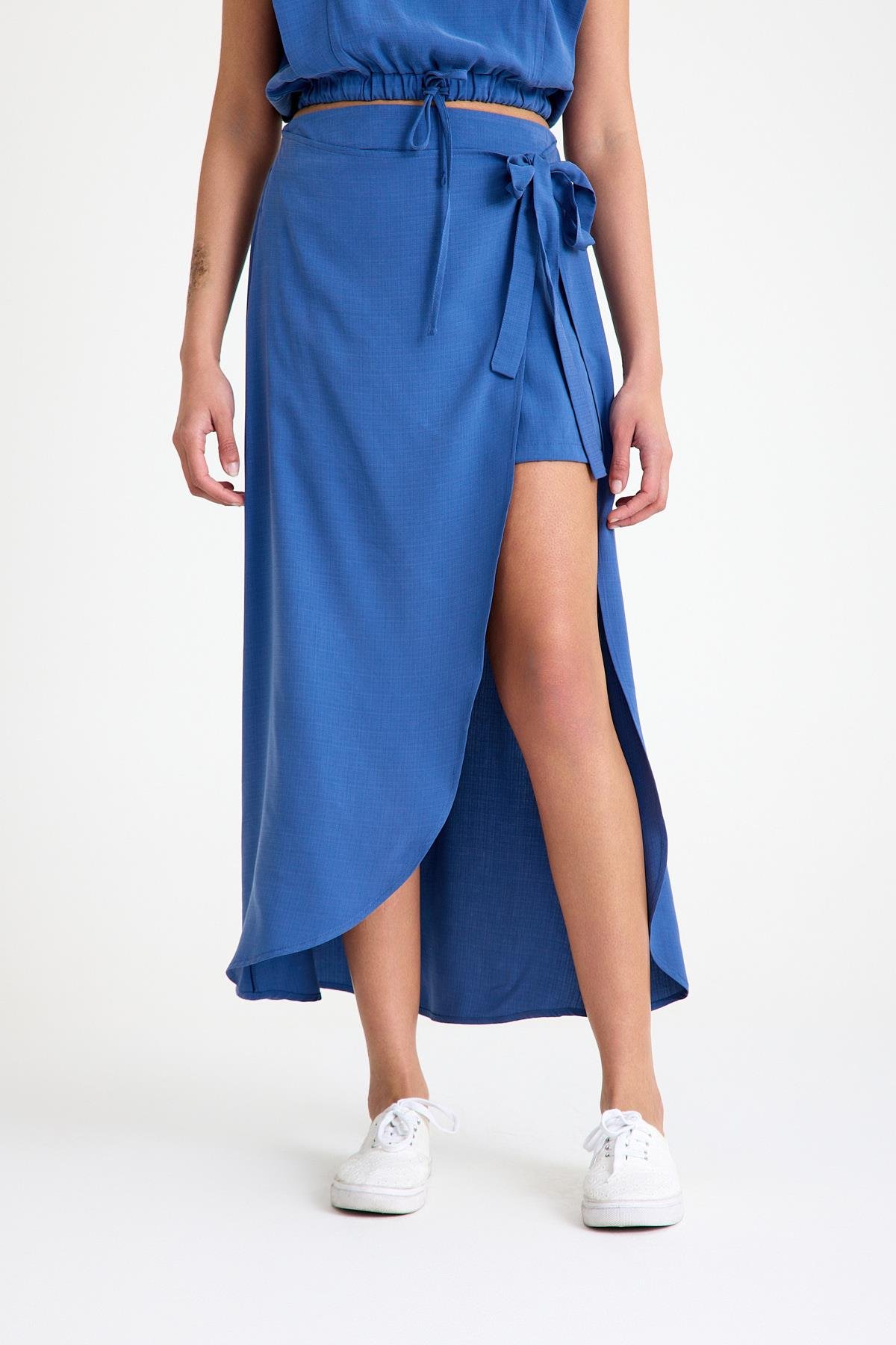 Yandan Bağlamalı Şort Etek - Mavi
