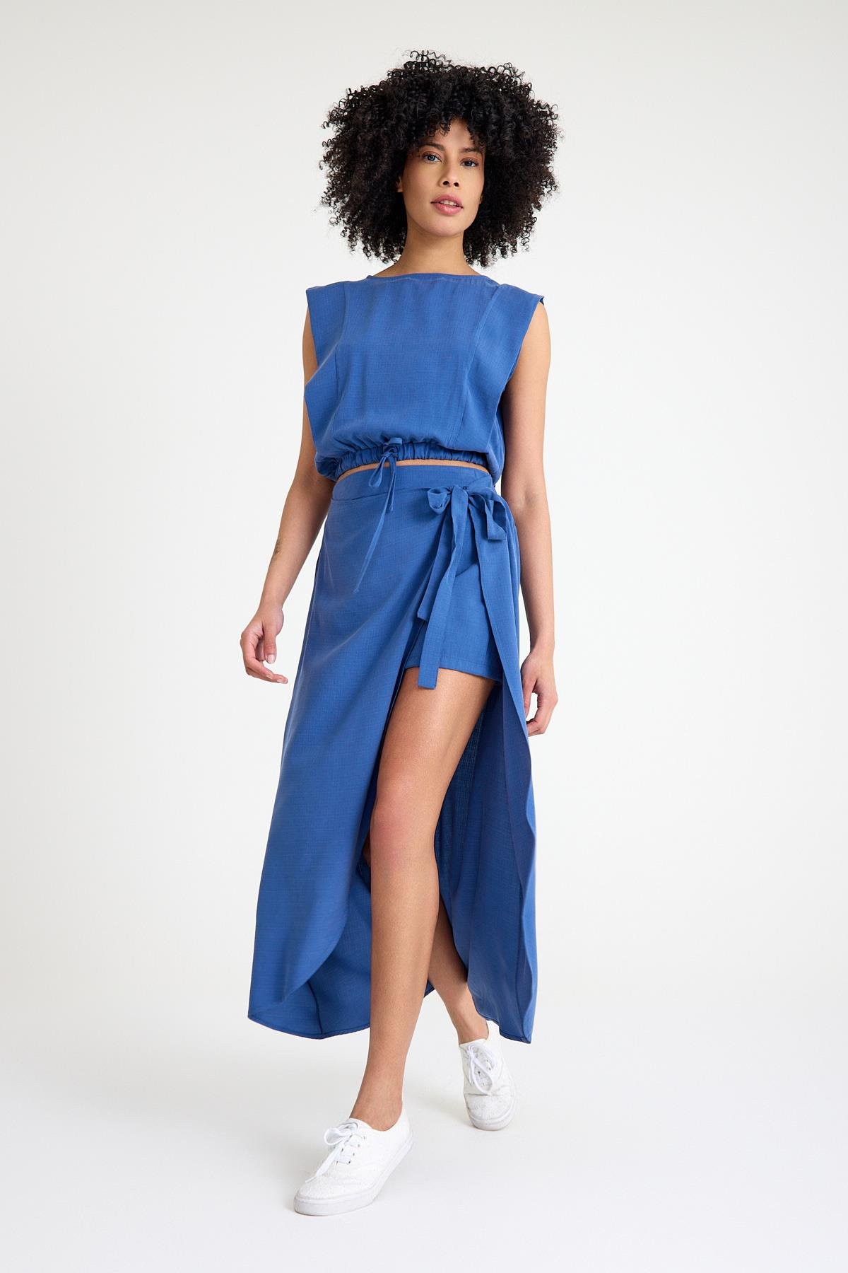 Yandan Bağlamalı Şort Etek - Mavi