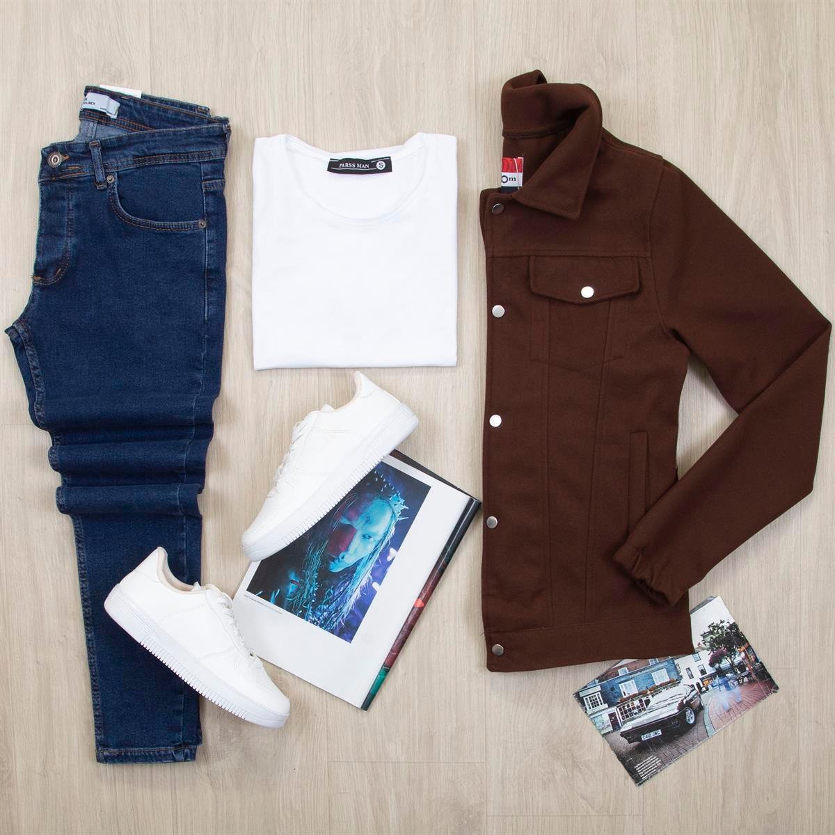 Acı Kahve Kaşe Ceket Tişört Pantolon Ayakkabı Kombin