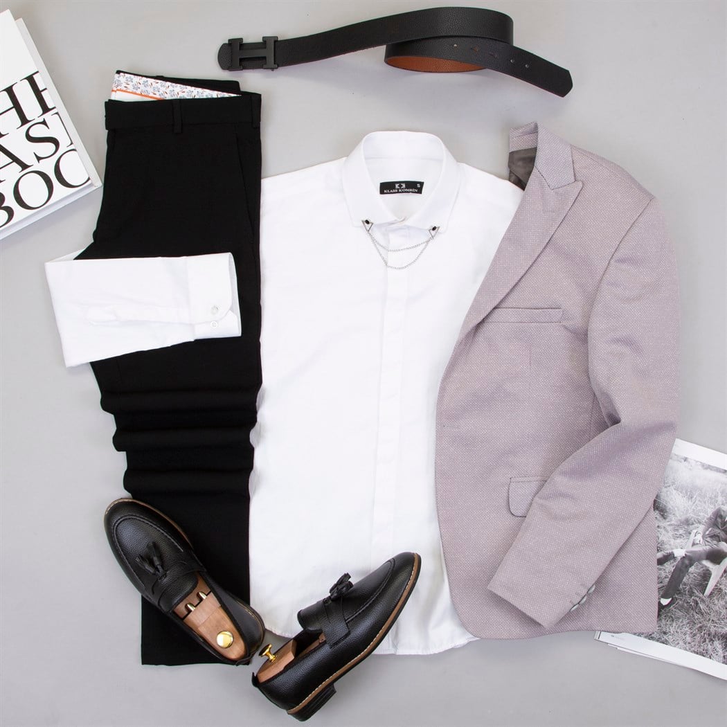 Açık Gri Blazer Ceket Gömlek Pantolon Ayakkabı Kombin