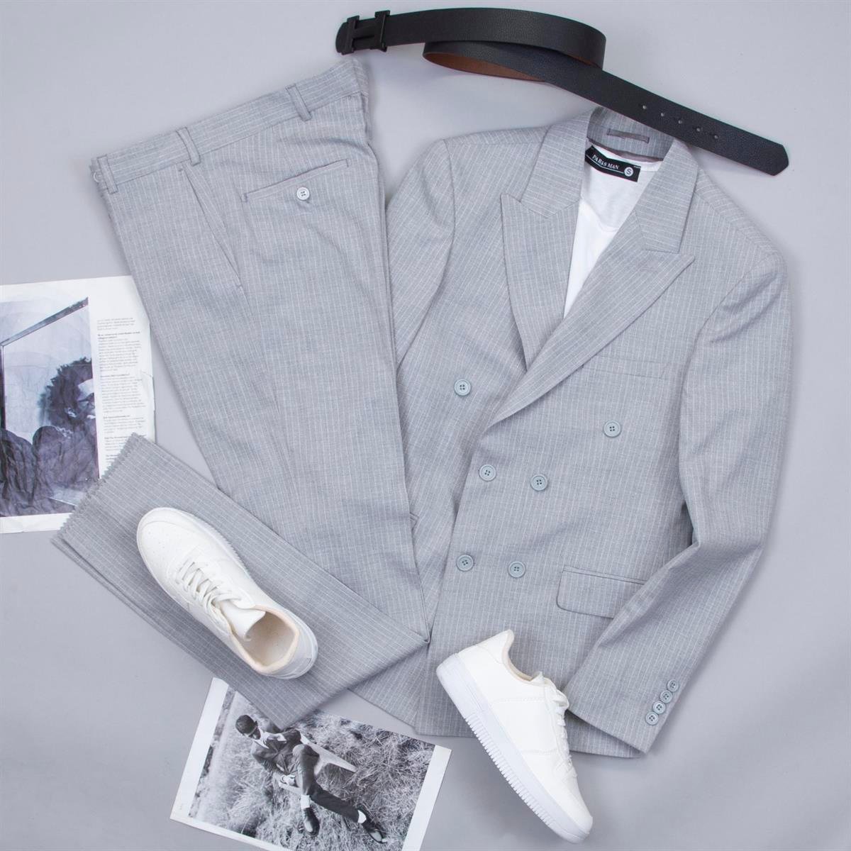 Açık Gri Çizgili Kruvaze Takım Elbise Kombini