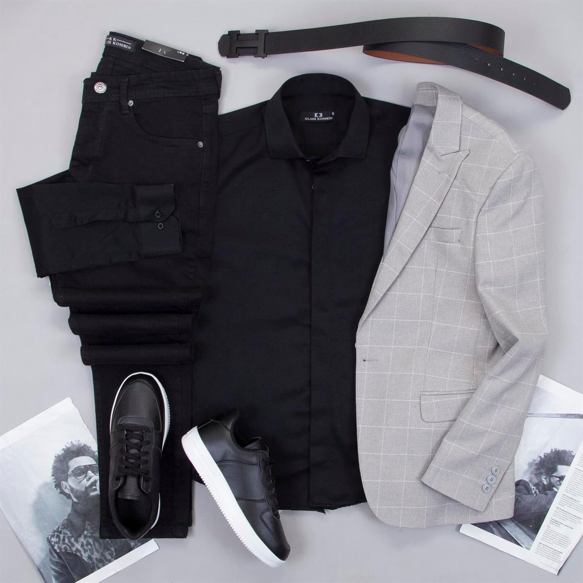 Açık Gri Ekoseli Blazer Ceket Gömlek Pantolon Ayakkabı Kombin