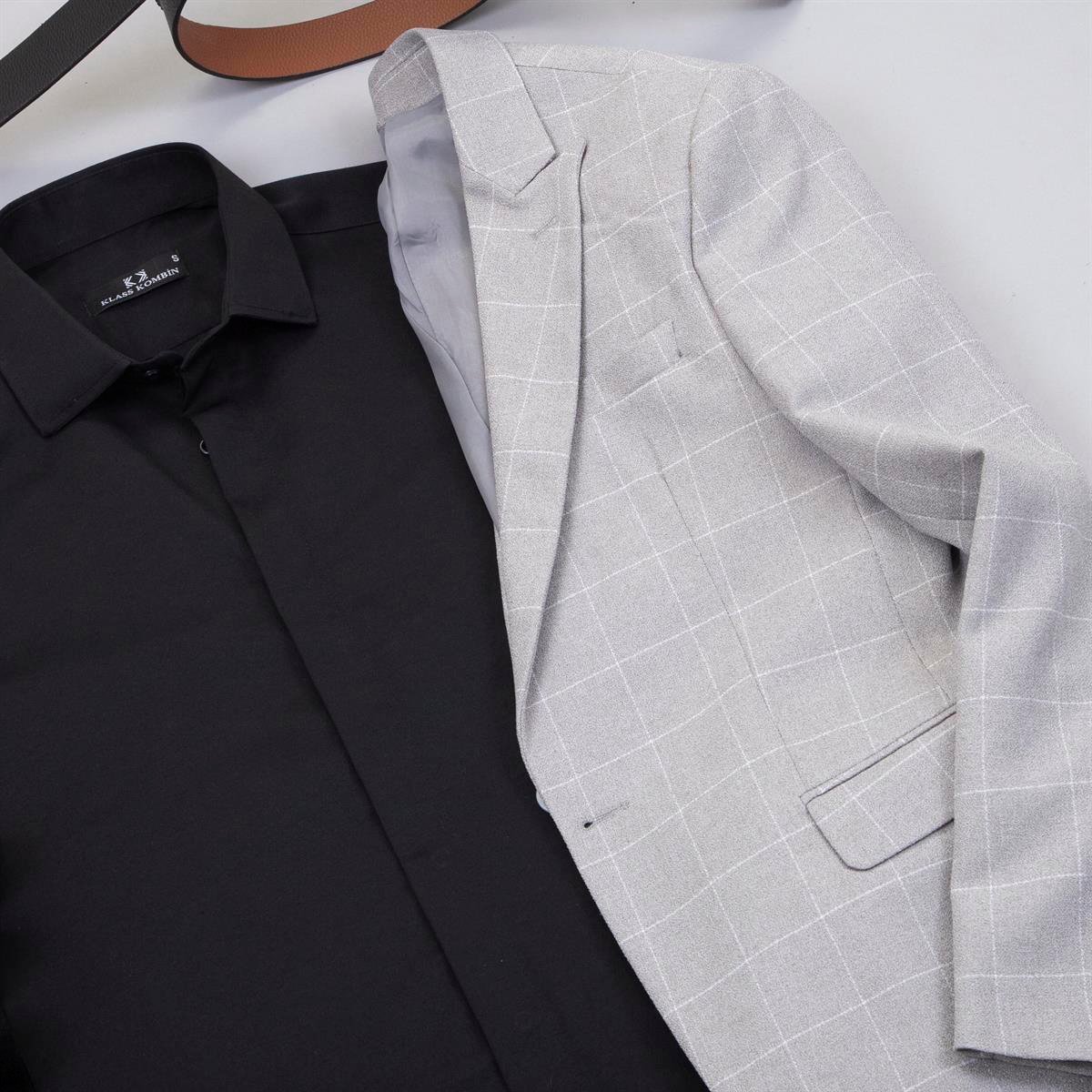 Açık Gri Ekoseli Blazer Ceket Gömlek Pantolon Ayakkabı Kombin