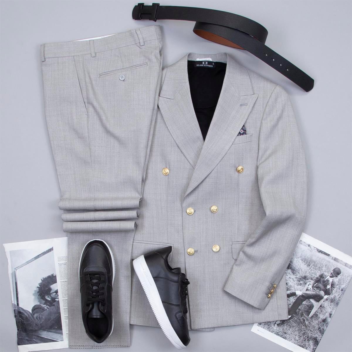 Açık Gri Kruvaze Takım Elbise Kombini