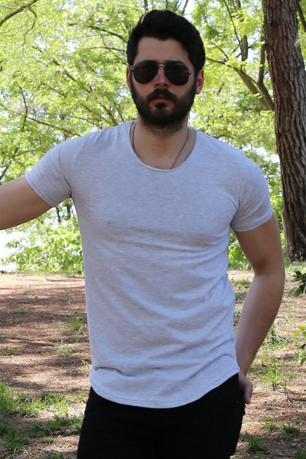 Açık Gri Oval Kesim Basic Tişört