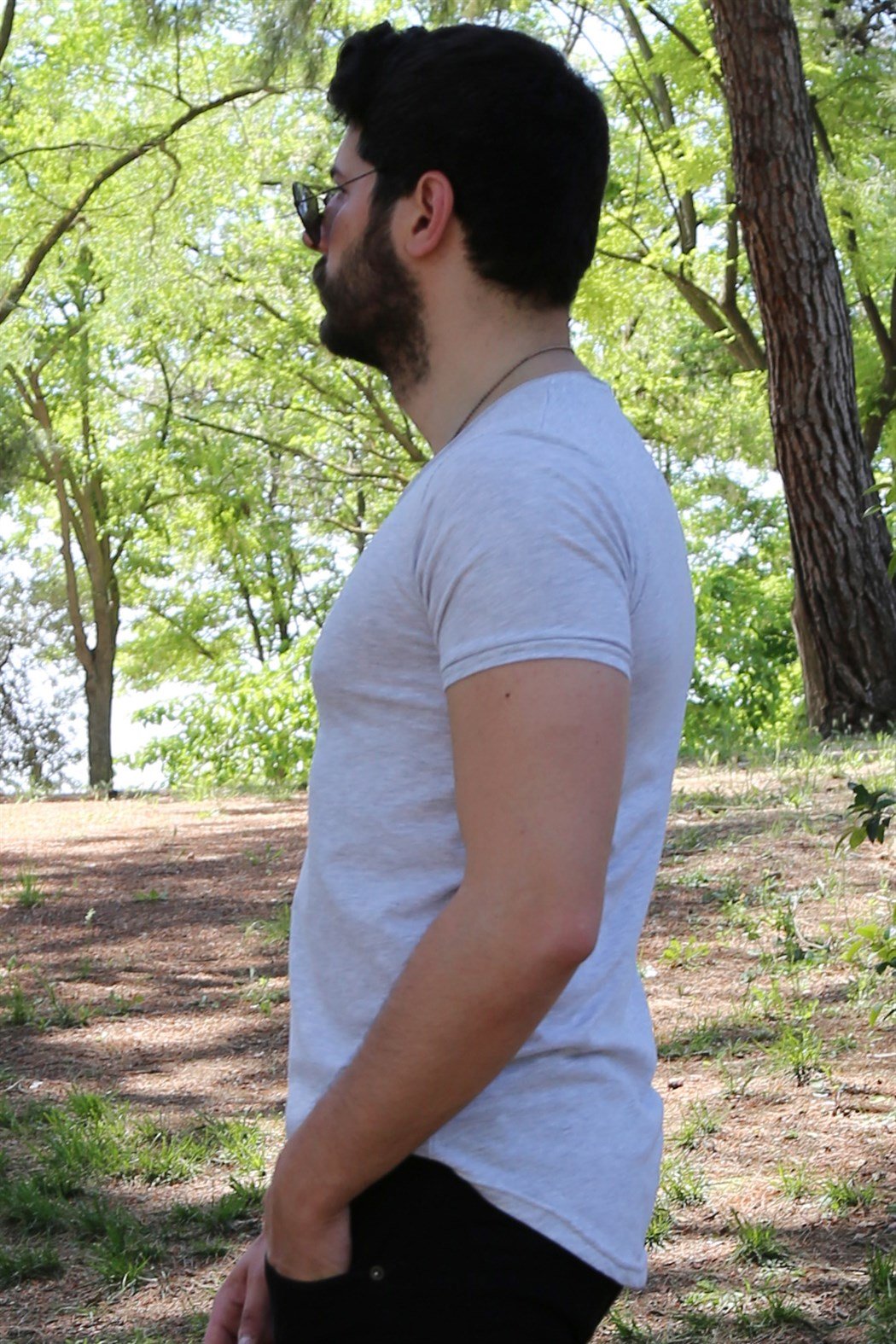 Açık Gri Oval Kesim Basic Tişört