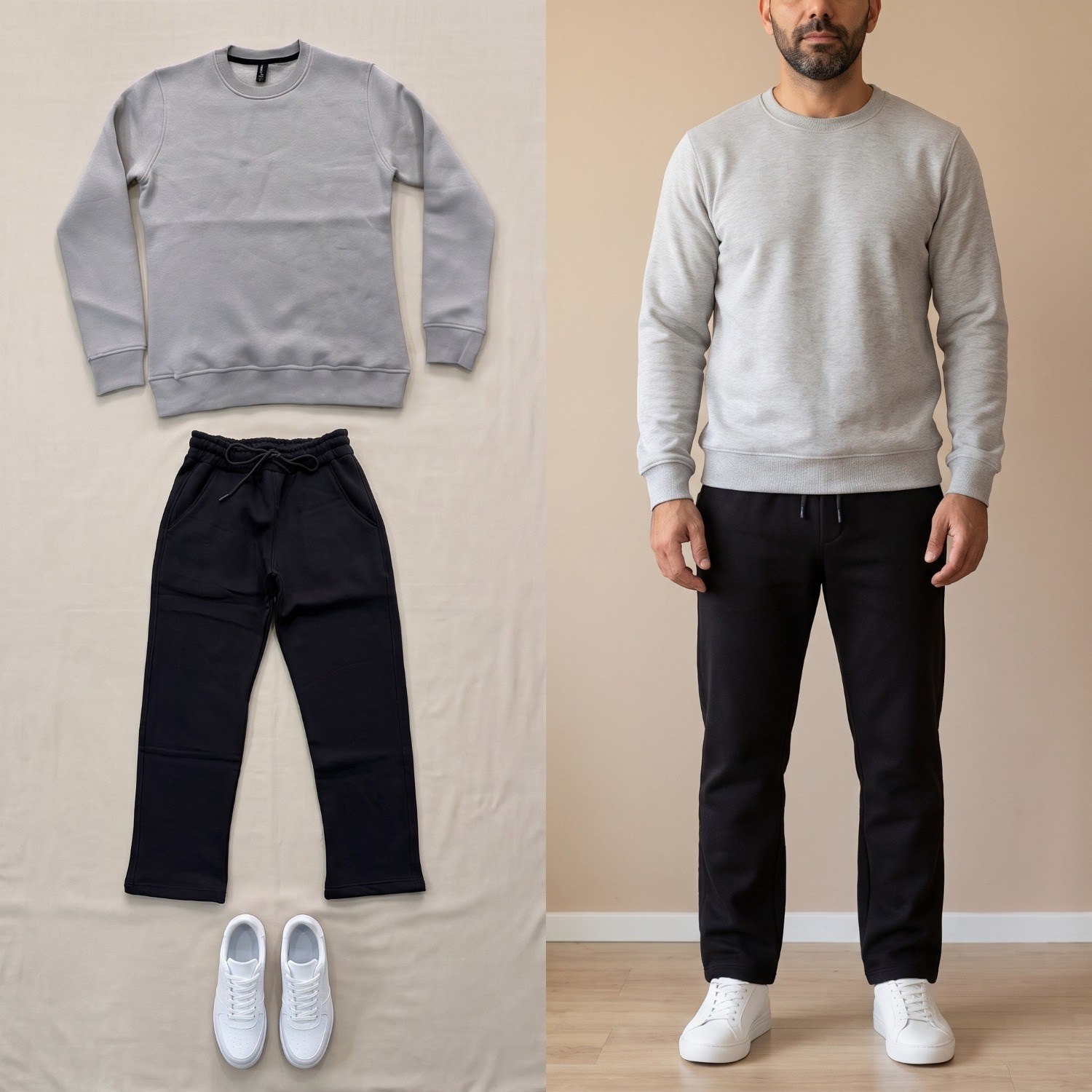 Açık Gri Sweatshirt Siyah Eşofman Altı Spor Ayakkabı Kombini