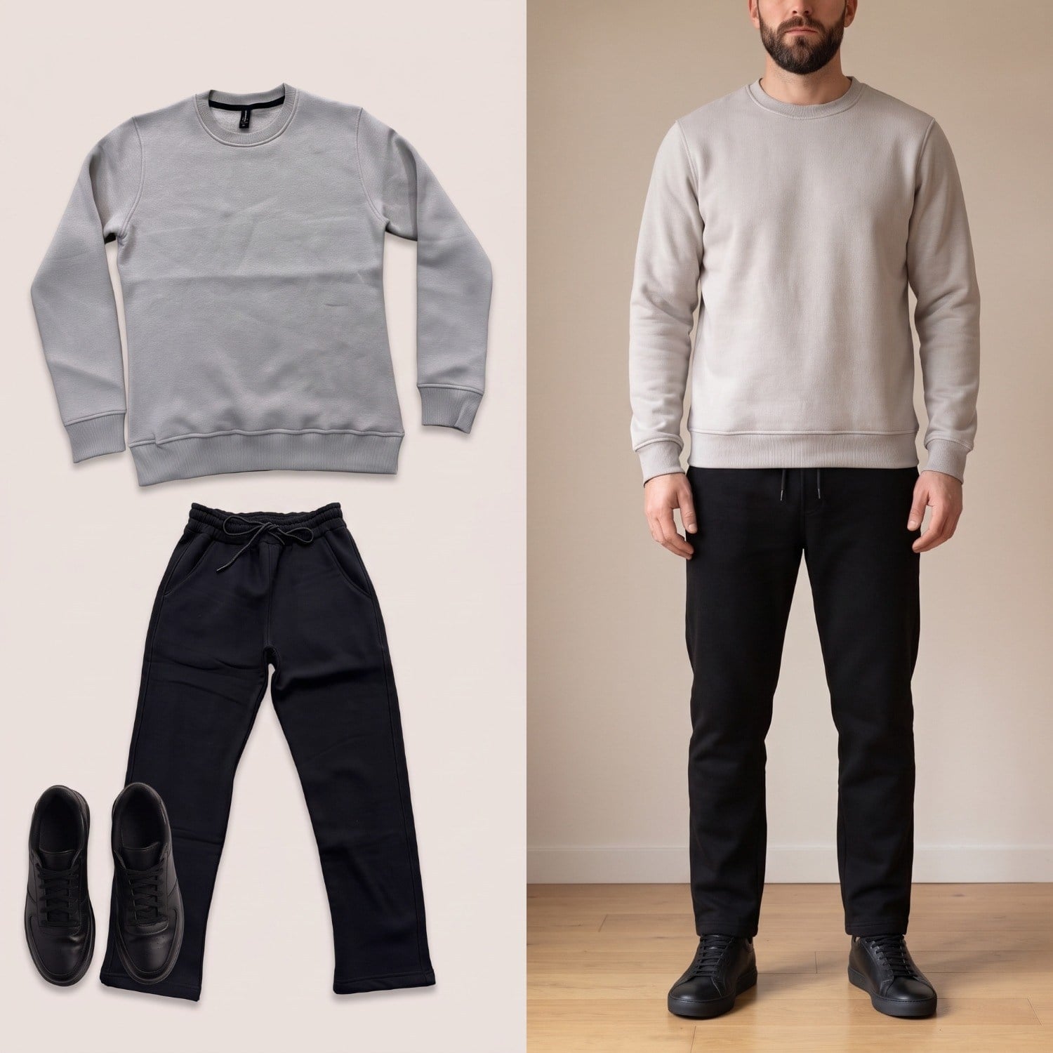 Açık Gri Sweatshirt Siyah Eşofman Altı Spor Ayakkabı Kombini