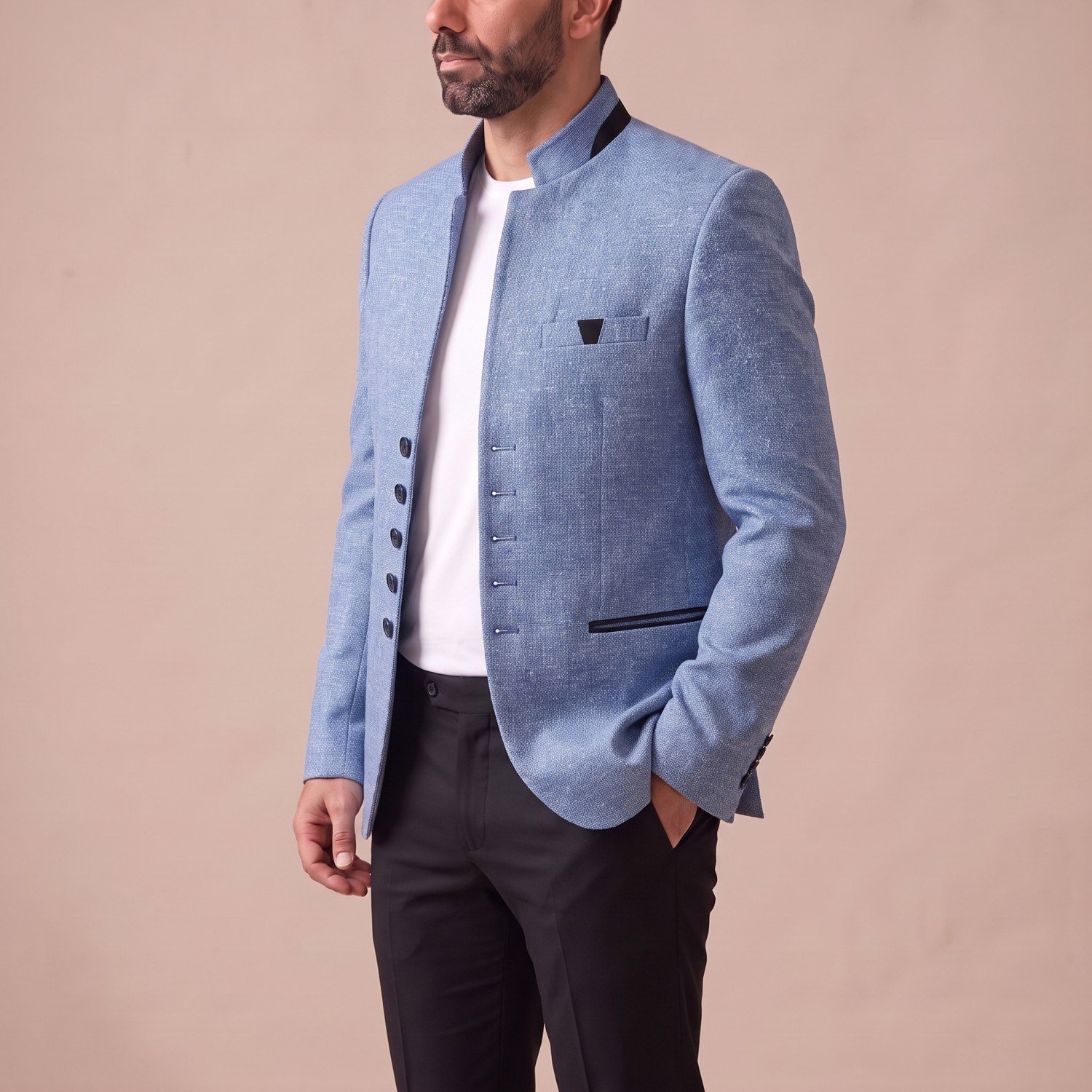Açık Mavi Dik Yaka Blazer Ceket Erkek