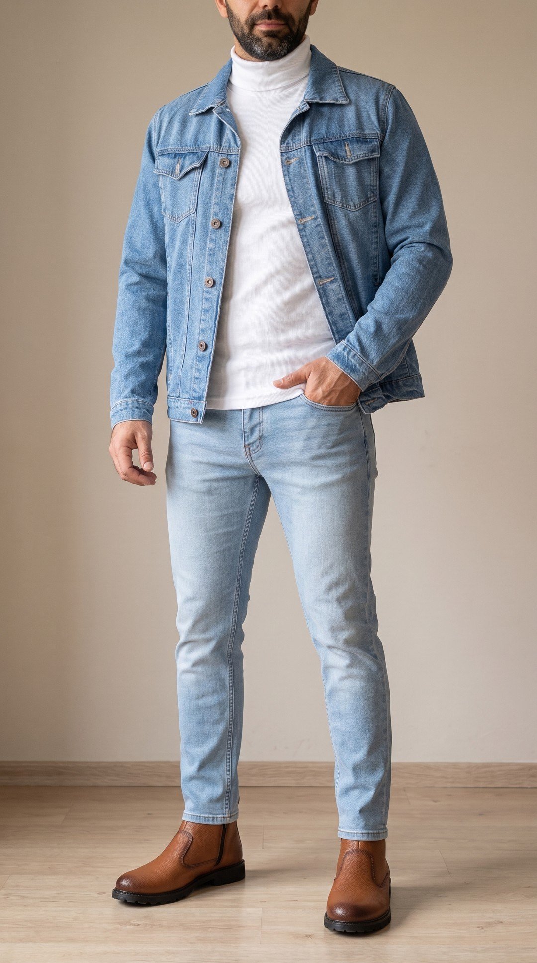 Açık Mavi Kot Ceket Beyaz Boğazlı Body Açık Mavi Kot Pantolon Taba Bot Kombini